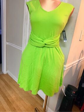 New York & Company Neon Lime V-Neck Knot-Waist Mini Dress